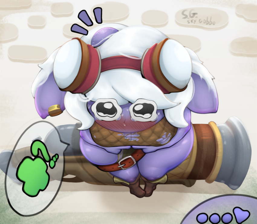 belt big_ears blush blushing_at_viewer cannon clothed crossed_feet earrings embarrassed fingers funny goggles goggles_on_head huge_ass huge_breasts huge_ears huge_eyes league_of_legends looking_at_viewer meme meme_reference non-human piercing purple_skin short_hair shortstack simple_background skygobbo sweat sweatdrop teary_eyes text_bubble thick thick_ass thick_thighs torn_clothes tristana white_hair wide_hips wild_rift yordle