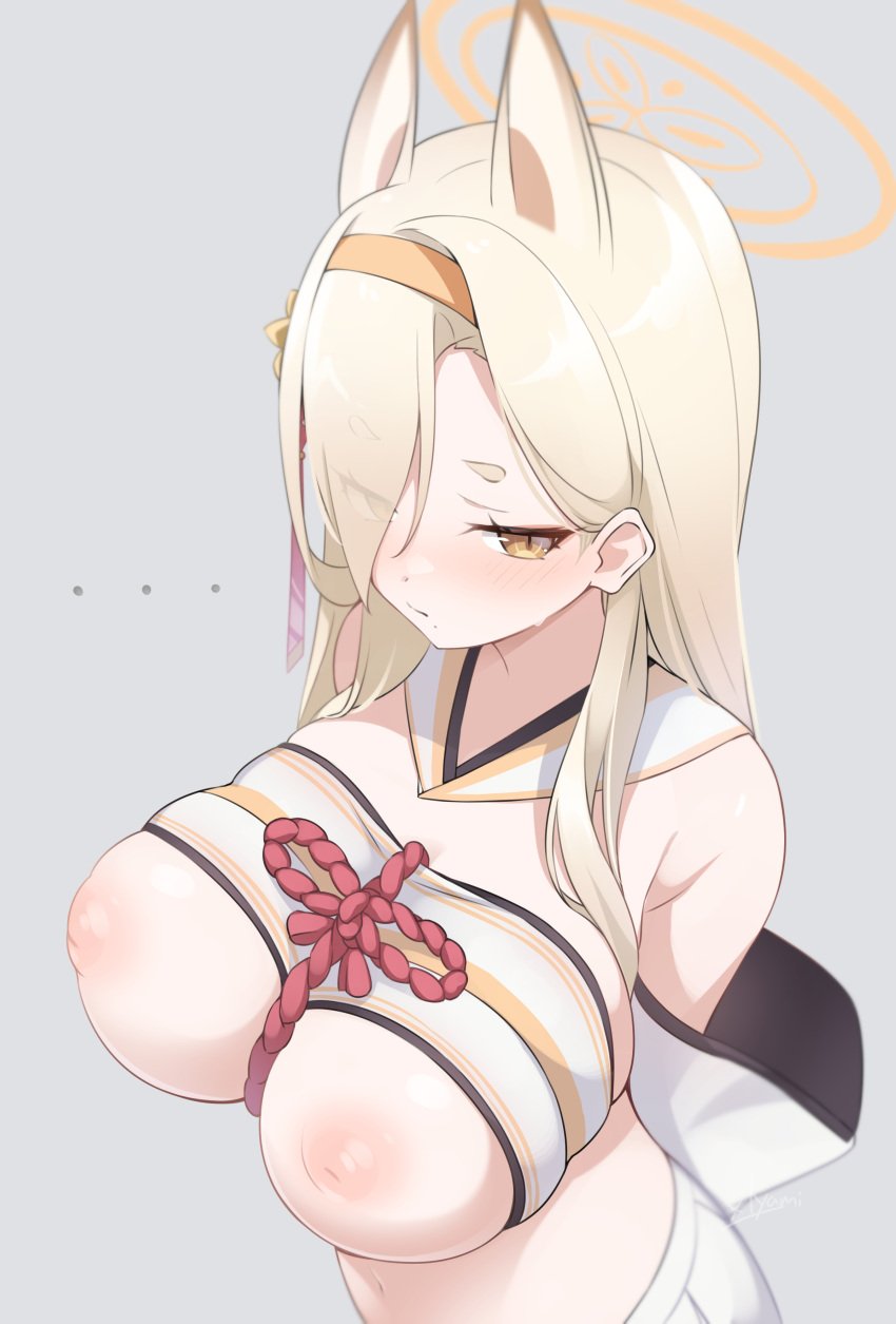 ... animal_ears arms_behind_back bare_belly bare_breasts bare_midriff bare_navel bare_nipples bare_shoulders bare_skin bare_tits bare_torso blonde_eyebrows blonde_female blonde_hair blonde_hair blonde_hair_female blue_archive blush blush blush_lines blushing_at_viewer blushing_female breasts detached_sleeves embarrassed embarrassed_female embarrassed_nude_female eyebrows_visible_through_hair female fox_ears grey_background hair_ornament hair_ornaments hair_over_one_eye hairband halo hands_behind_back hourglass_figure inverted_nipples kaho_(blue_archive) large_breasts long_hair looking_at_viewer mole mole_under_mouth nipples red_rope rope simple_background skirt slender_body slender_waist slim_girl slim_waist solo sweat thick_eyebrows thin_waist wide_hips wide_sleeves xlyami yellow_eyes yellow_eyes_female yellow_halo