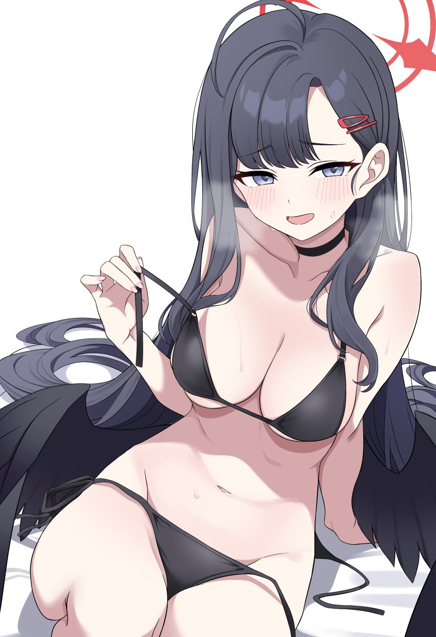absurdres ahoge alternate_costume arm_support aroused aroused_smile asymmetrical_bangs bikini black_bikini black_choker black_hair black_wings blue_archive blush breasts breath choker cleavage collarbone feathered_wings female fingernails groin halo highres hiroikara_(smhong04) ichika_(blue_archive) in_heat justice_task_force_(blue_archive) long_hair looking_at_viewer medium_breasts navel simple_background sitting stomach string_bikini sweat swimsuit trinity_general_school_student undone_bikini very_long_hair white_background wings
