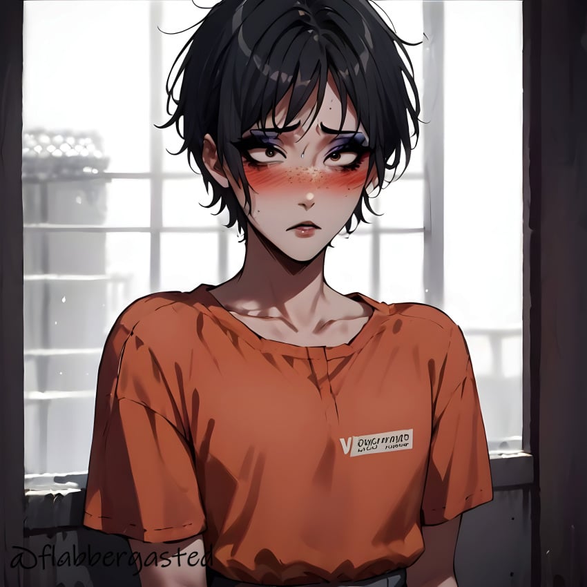 1male ai_generated blush crossdressing dr_flabber eyeshadow femboy feminization freckles_on_face makeup prison prison_bitch prison_uniform prisoner self_upload short_hair sissification