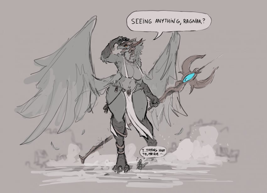 2024 anthro ardrek avian beak big_breasts bird blue_body bottomwear bra breasts chaos_(warhammer) chaos_daemon claws clothed clothing curvy_figure daemon_of_tzeentch demon dialogue duo feathered_wings feathers feet female furry hi_res human humanoid jewelry larger_female loincloth lord_of_change macro male mammal micro partially_clothed size_difference skimpy speech_bubble staff talking_to_another talons text thesociallyawkwardpinguin thick_thighs toes underwear warhammer_(franchise) wide_hips wings