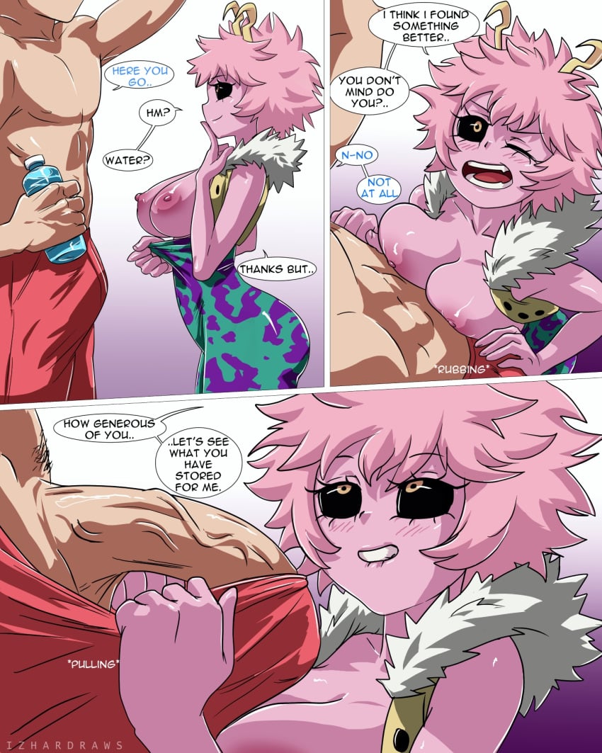 1boy 1girls ashido_mina big_penis biting_lip boku_no_hero_academia comic eijirou_kirishima english_text female flirting hero_outfit_(mha) imminent_sex izhardraws large_penis larger_male light-skinned_male male/female mina_ashido muscular_male my_hero_academia penis pink_hair pink_skin smaller_female straight