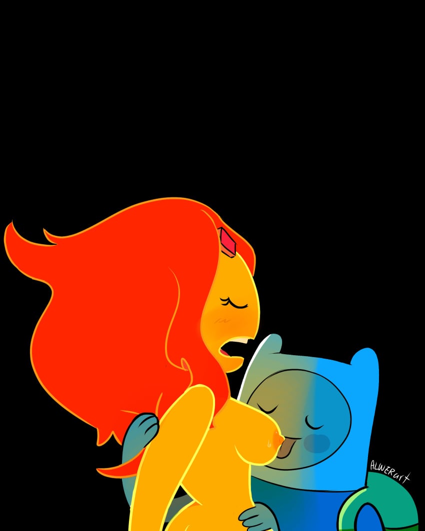 1boy 1girls adventure_time alwer alwerart backpack bag blush closed_eyes clothing elemental_creature female finn_the_human fire flame_princess human humanoid male medium_breasts medium_hair mob_face orange_body orange_hair pale_skin