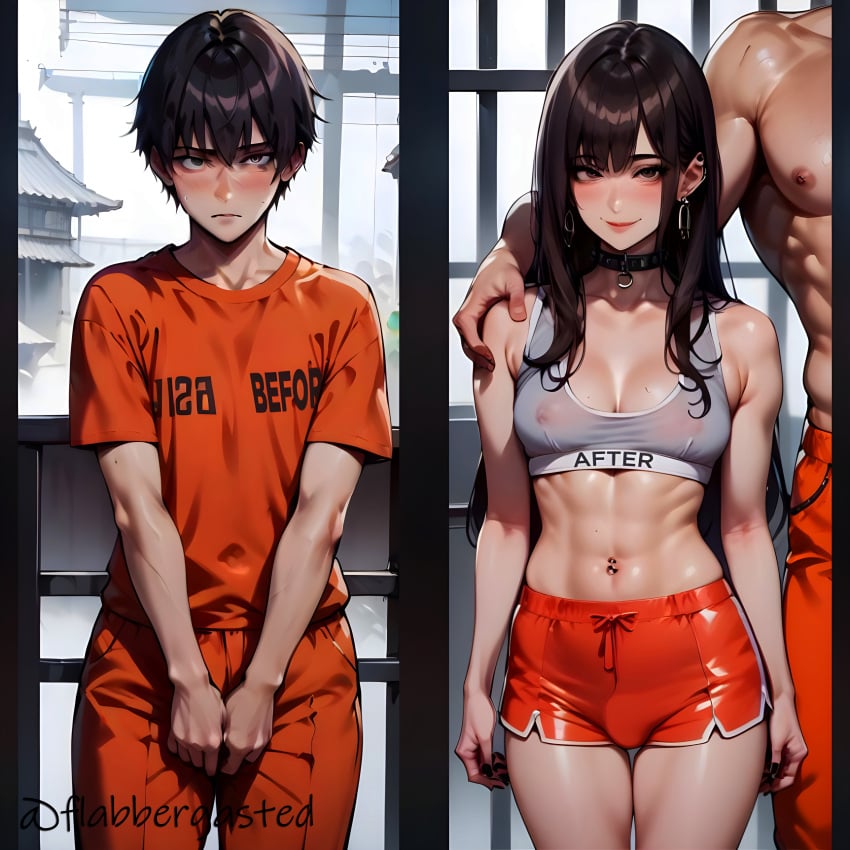 1male 2boys ai_generated before_and_after belly_button_piercing blush bulge bulge_through_clothing collar crossdressing dr_flabber eyeshadow femboy feminization freckles_on_face long_hair makeup nipple_visible_through_clothes prison prison_bitch prison_uniform prisoner self_upload short_hair shorts sissification sports_bra visible_nipples