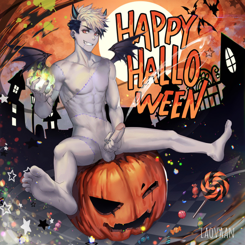 1boy abs barefoot black_and_white_hair candy cum demon demon_boy devil_horns devil_wings halloween ian_(laosmut) incubus laosmut laovaan looking_at_viewer male male_only masturbation muscles nipples penis penis_grab pumpkin red_eyes smile yaoi