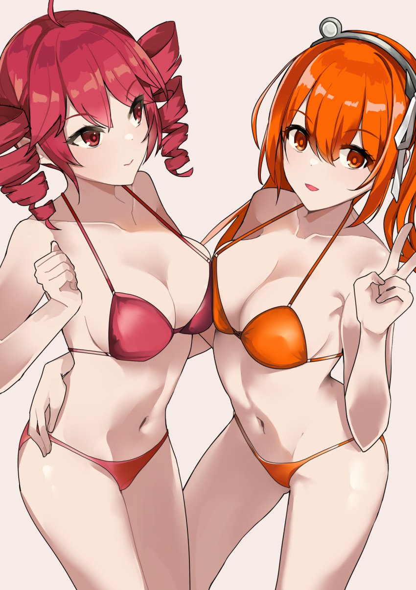 2girls a.i._voice adachi_rei asymmetrical_docking bikini cleavage clenched_hand closed_mouth collarbone drill_hair female female_only hand_on_another's_hip headlamp kasane_teto large_breasts looking_at_another looking_at_viewer miya_eighteen navel one_side_up open_mouth orange_bikini orange_eyes orange_hair red_bikini red_eyes red_hair ribbon smile twin_drills utau v white_ribbon