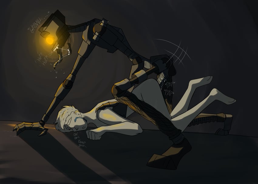 backshots crying dick drooling five_nights_at_freddy's fnaf fnaf_novels glowing_eyes growling hard_sex larger_male male/male orange_eyes robot robot_joints robot_on_human size_difference the_mimic_(fnaf) tongue tongue_out y/n