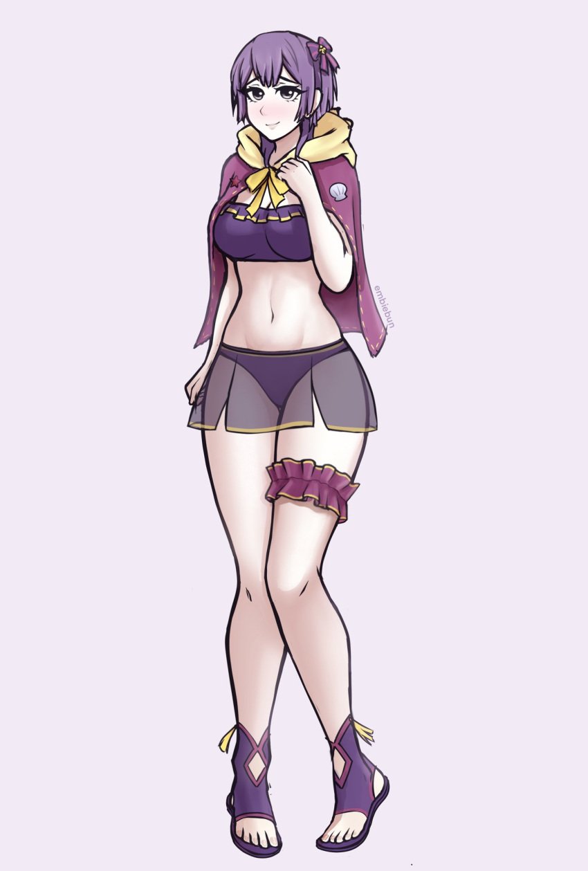 1girls alternate_costume artist_name bernadetta_von_varley bernadetta_von_varley_(summer) bikini bikini_skirt blush breasts bridal_garter embiebun embyarts female female_only fire_emblem fire_emblem:_three_houses fire_emblem_heroes full_body fully_clothed grey_eyes highres hood long_hair looking_at_viewer medium_breasts midriff navel nintendo official_alternate_costume purple_bikini purple_hair purple_swimsuit revealing_clothes sandals see-through see-through_skirt simple_background skirt smile solo swimsuit time_skip