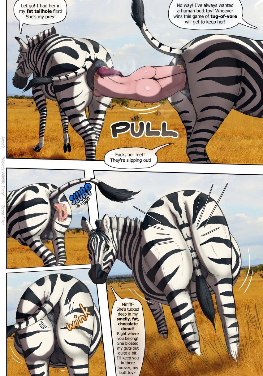 absurd_res anal anal_sex anal_vore anus artca9 ass balls big_anus big_butt body_part_in_ass breasts comic comic_panel dialogue equid equine equine_anus female feral feral_pred genitals group hi_res hooves huge_anus human human_on_feral human_prey interspecies male male/female mammal nipples penetration puffy_anus soft_vore speech_bubble striped_body stripes text trio tug_of_war violet_(artca9) vore zebra zoophilia