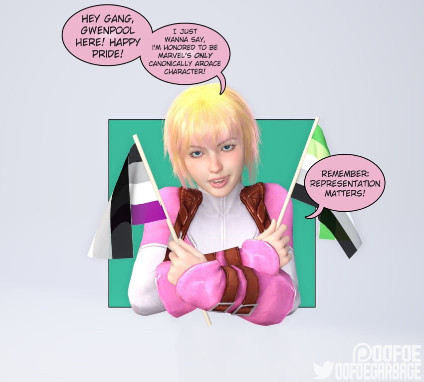 1girls 3d 3d_(artwork) aromantic aromantic_pride_colors asexual asexual_pride_colors asexual_with_male dialogue gwen_poole gwenpool imminent_sex marvel marvel_comics oofoe orientation_play panels part_of_a_set