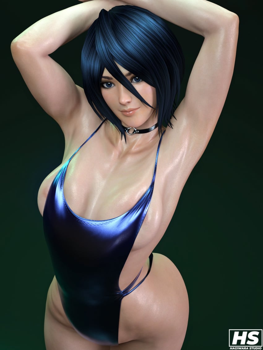 1girls 3d black_hair bleach blue_eyes breasts female female_only hagiwara_studio high_resolution highres kuchiki_rukia short_hair small_breasts solo solo_female swimsuit tagme