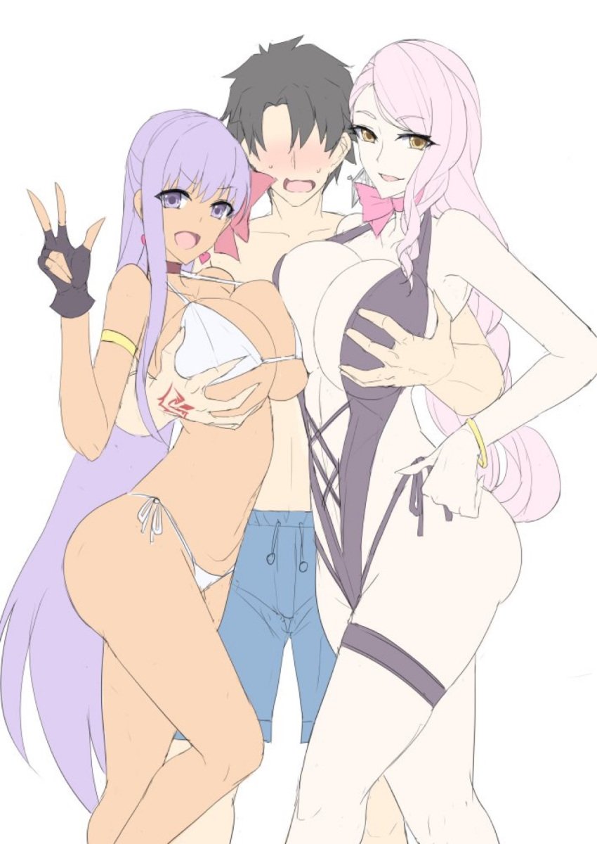 1boy 2girls bb_(fate) bikini black_hair bowtie brown_eyes choker cute earrings embarrassed fate/extra_ccc fate/grand_order fate_(series) fingerless_gloves flat_colors groping heart-shaped_earrings imminent_sex koyanskaya_(fate) koyanskaya_(foreigner) ky. large_ass large_breasts light-skinned_male long_hair love necktie one-piece_swimsuit pale-skinned_female pale-skinned_male pink_hair purple_eyes purple_hair short_hair swim_trunks swimsuit swimwear tagme tanned_female tanned_skin