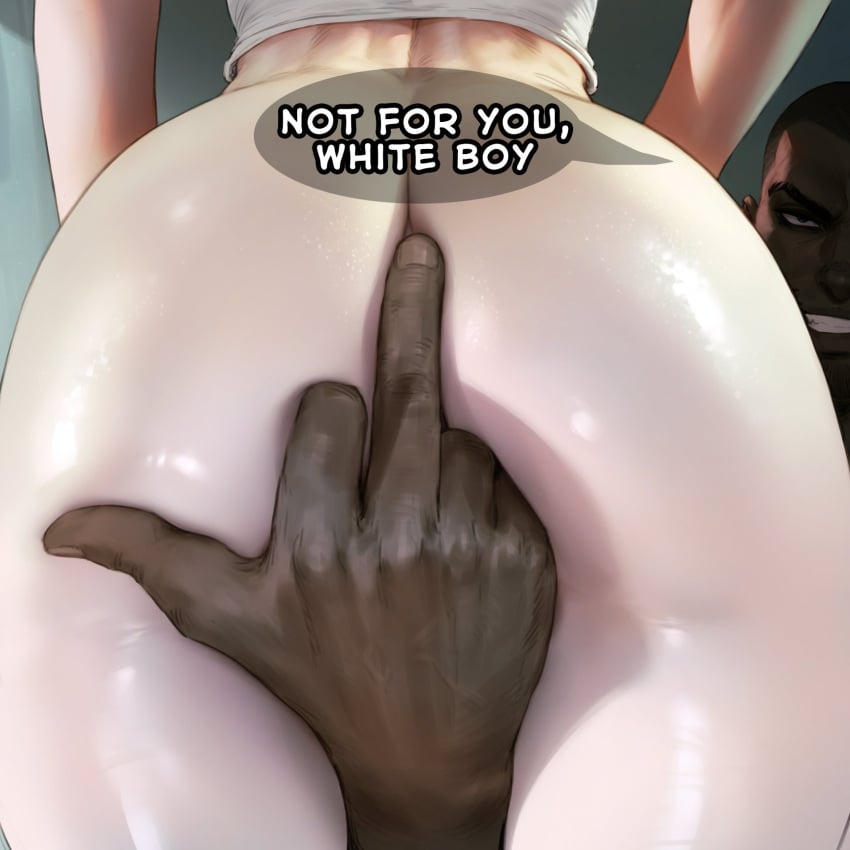 1boy 1girls ai_generated aipotions big_ass cuck_pov dark-skinned_male dark_skin english_text female interracial light-skinned_female light_skin looking_at_viewer male middle_finger raceplay text