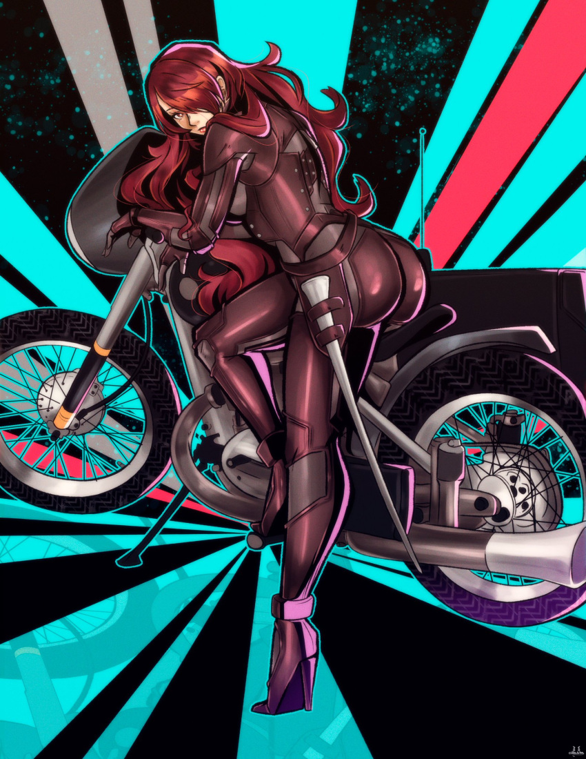 1girls alternate_version_available ass big_ass black_bodysuit bodysuit breasts commissioner_upload female female_only high_heels high_resolution huge_ass large_ass long_hair looking_at_viewer looking_back megami_tensei mitsuru_kirijo motorcycle nico_artooo persona persona_3 persona_4_arena pinup_pose red_eyes red_hair skintight_bodysuit thick_ass