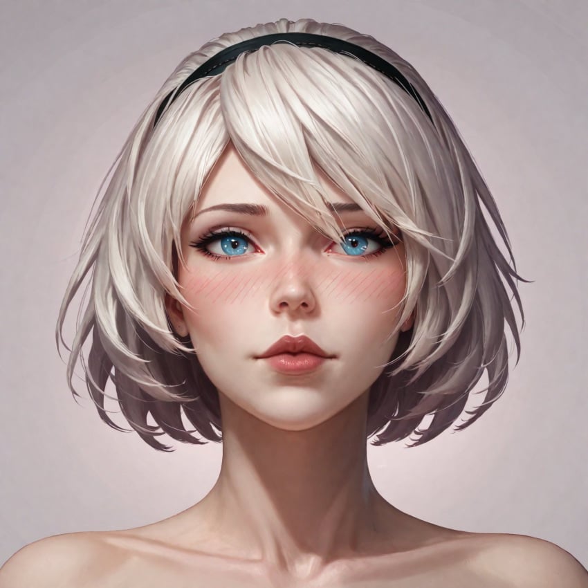 /// 1:1_aspect_ratio ai-created ai_generated bare_shoulders blue_eyes blush close-up closed_mouth clothing ear eyebrows eyelashes face face_focus female hairband headwear high_resolution light_skin lips lipstick makeup nier:_automata nier_(series) nose short_hair simple_background solo tagme traumai upper_body white_hair white_skin yorha_no.2_type_b