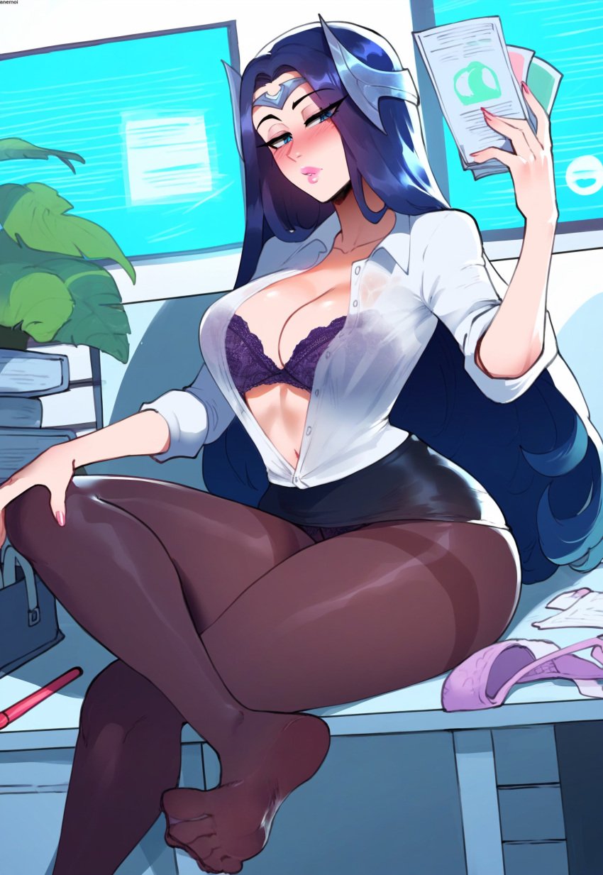 ai_generated anemoi blue_eyes blush bra breasts feet irelia_xan league_of_legends office_lady panties panties_under_pantyhose pantyhose riot_games sitting sitting_on_desk skirt watermark