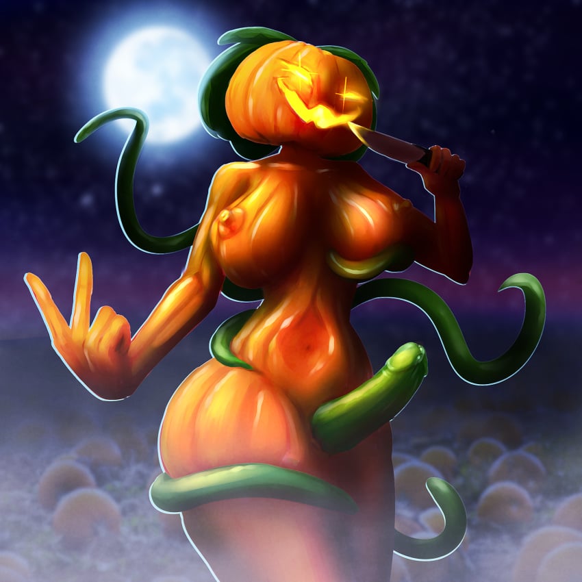 1futa big_breasts breasts dickgirl feral flora_fauna food food_creature fruit futa_only futanari gorezing halloween head holidays humanoid intersex jack-o'-lantern jack-o'-morph knife plant plant_humanoid pumpkin pumpkin_girl pumpkin_head sackless smile solo tentacle vines