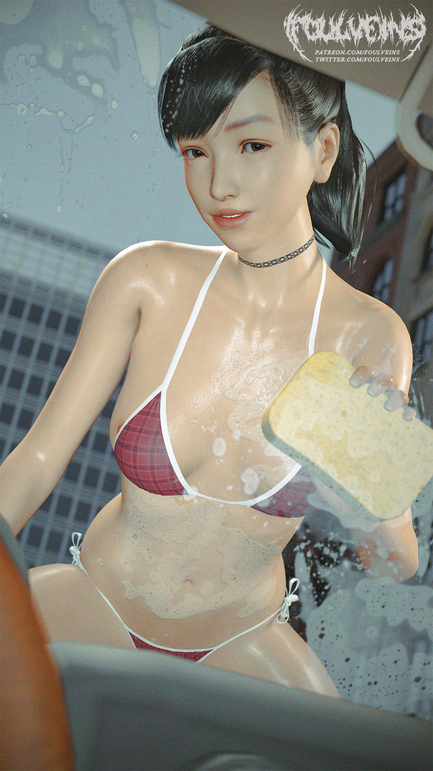 1girls 3d asian asian_female bikini car carwash choker female female_only foulveins nipple_slip nipslip ponytail ryuu_ga_gotoku sawamura_haruka soap sole_female solo sponge string_bikini swimsuit yakuza_(series)