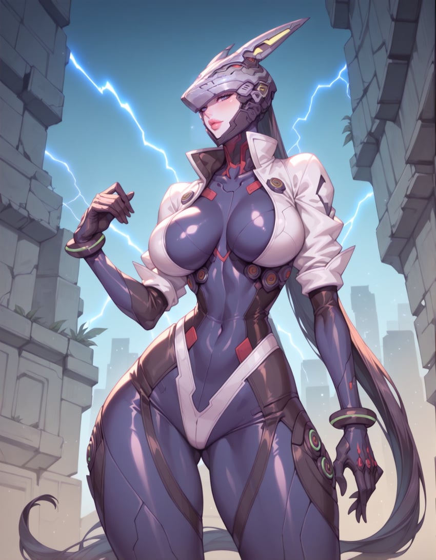 1girls ai_generated black_bodysuit black_hair bodysuit bunny_(the_first_descendant) cameltoe curvy electricity female gluteal_fold helmet jacket large_breasts long_hair looking_at_viewer navel pale_skin ponytail shiny_clothes solo the_first_descendant thick_lips thick_thighs wide_hips