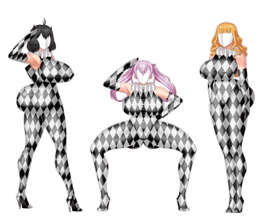 3girls ass bare_shoulders black_clover bluebullpen bodysuit drone droneification expressionless faceless female_only gloves high_heels horns huge_breasts hypnosis large_breasts long_hair mask mimosa_vermillion mind_control multiple_girls noelle_silva opera_gloves pink_hair secre_swallowtail squatting standing