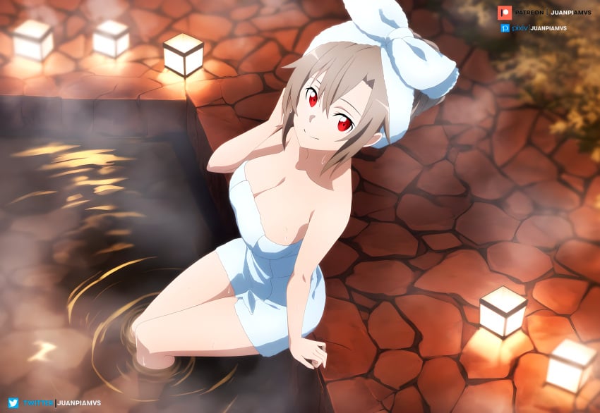 ai_generated brown_hair curvy eydis_synthesis_ten female hair_up juanpi_amvs light onsen patreon patreon_username red_eyes sitting steam sword_art_online towel towel_around_breasts towel_only water watermark