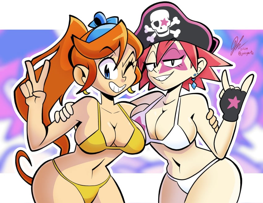 2girls alternate_costume athena_cykes bikini blue_eyes breasts clevage female female_only gloves gyakuten_saiban hair hat juicyartz long_hair orange_hair pink_hair sasha_buckler swimsuit wide_hips