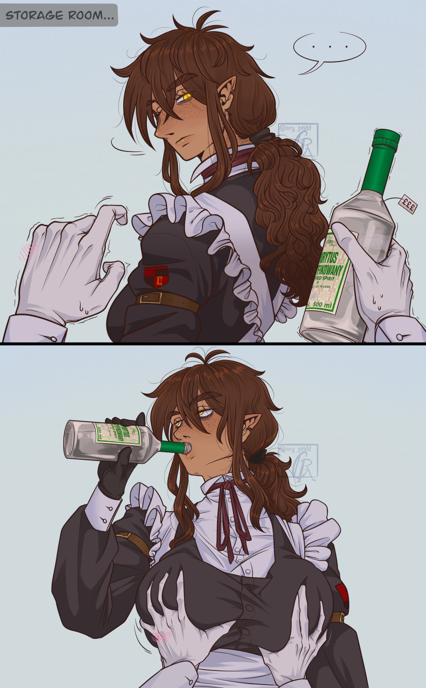 alcohol alternate_version_available big_breasts bribe brown_hair cry_ptidd curly_hair expressionless fan_character freckles gloves groping groping_breasts large_breasts laura_chastel_(cry_ptidd) maid maid_uniform original original_character pointy_ears ponytail pov werewolf werewolf_girl yellow_eyes