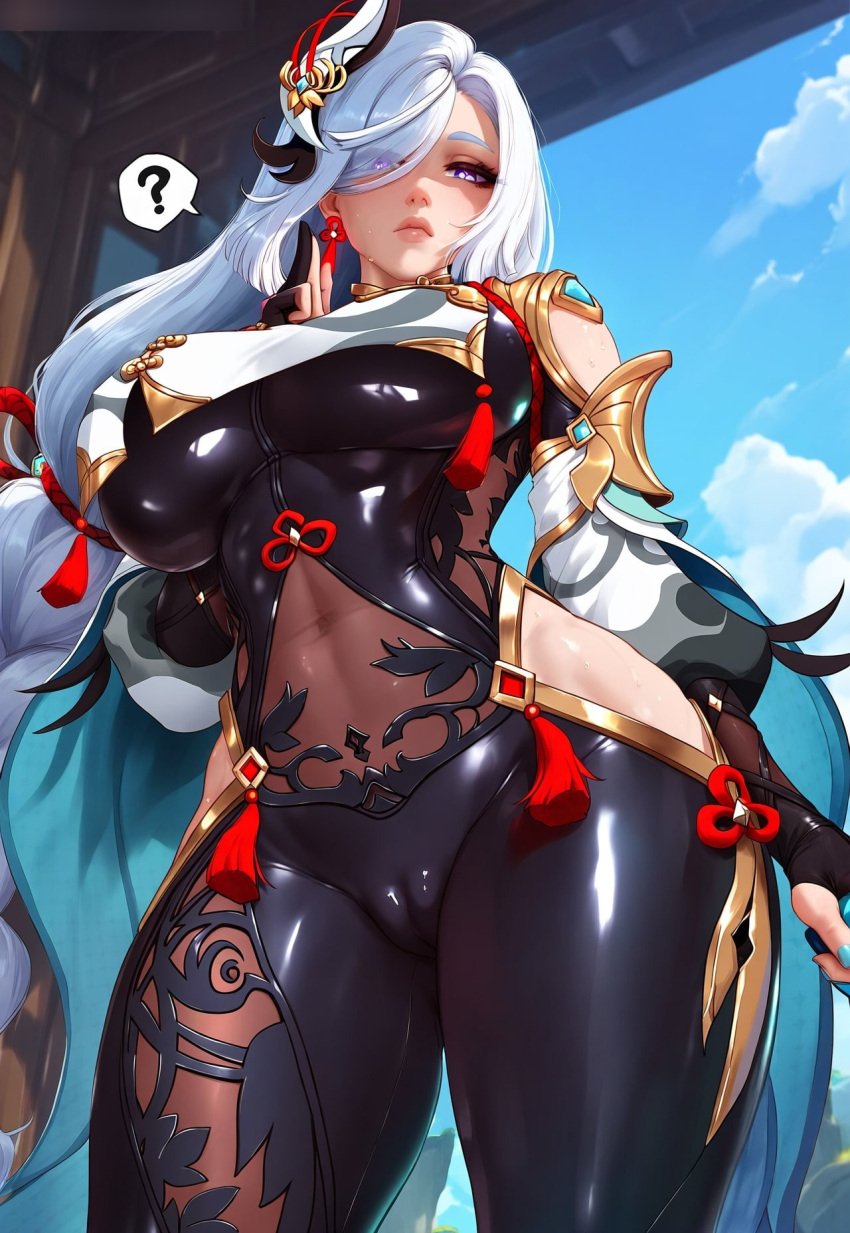 ai_generated bodysuit cameltoe disgusted from_below genshin_impact klausherbert shenhe_(genshin_impact) spoken_question_mark thick_thighs tight_clothing underboob white_hair wide_hips