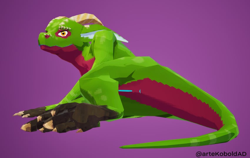 3d_(artwork) absurd_res anthro anus claws digital_media_(artwork) female genitals hi_res horn kobold kobold_dellarte kret looking_at_viewer low_poly nude presenting pussy reptile scales scalie simple_background solo tail