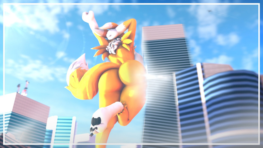 anthro ass bandai_namco big_breasts big_butt breasts building digimon digimon_(species) female genitals hi_res macro not_person420 nude pussy raised_arm renamon solo tail