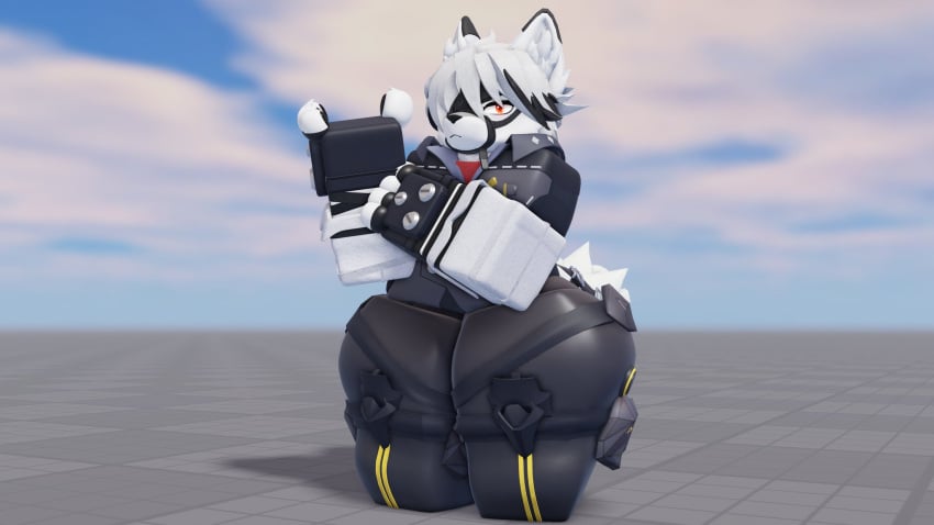 1male 2024 3d 3d_(artwork) anthro blocky_body caffinatedbuns clothed digital_media digital_media_(artwork) fat_ass fat_thighs femboy fingerless_gloves male male_only red_eyes roblox robloxian solo_male victoria_housekeeping von_lycaon white_body white_fur white_hair zenless_zone_zero