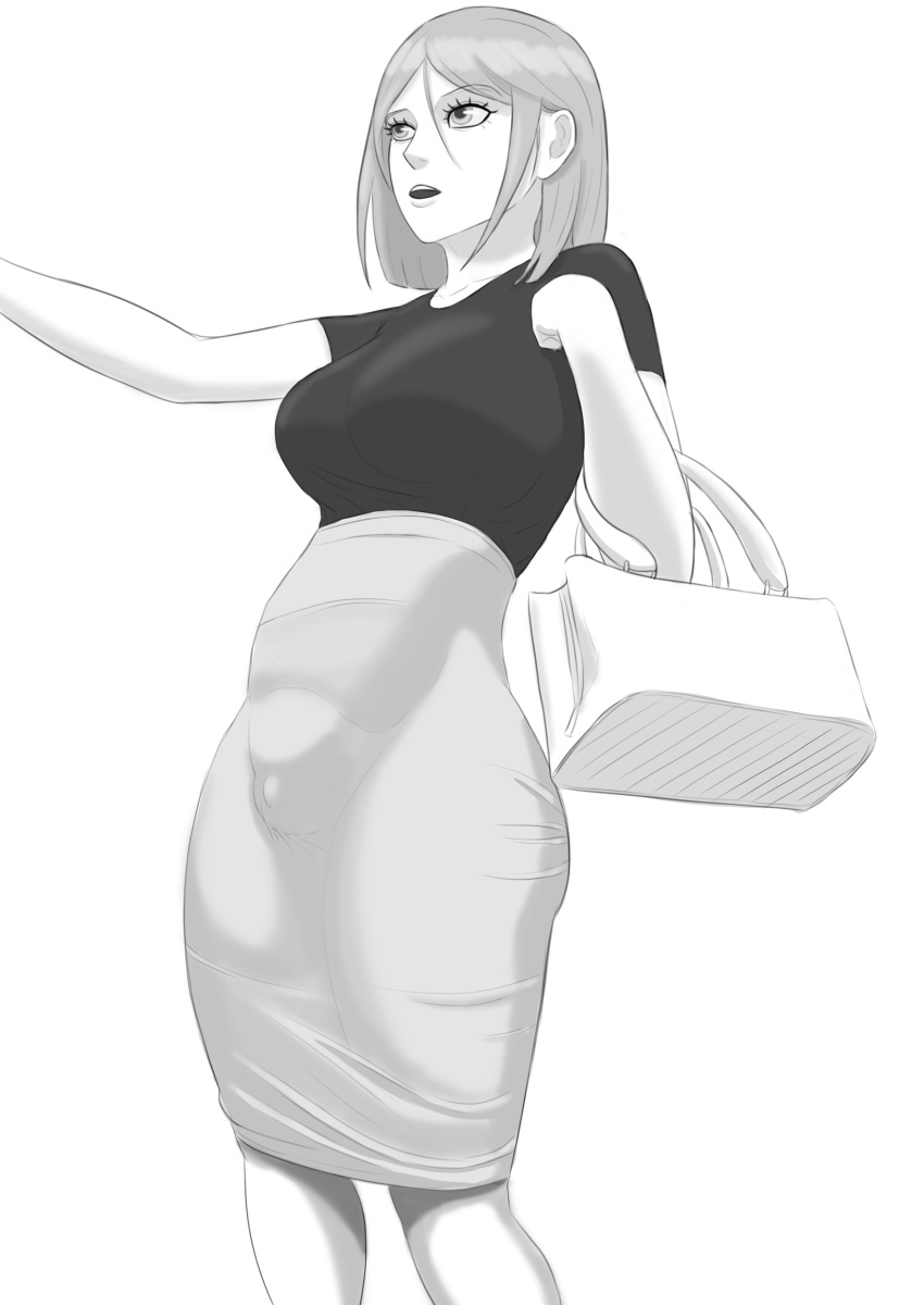 1futa bag breasts erection erection_under_clothes futanari long_hair monochrome mordi penis shirt skirt thick_thighs