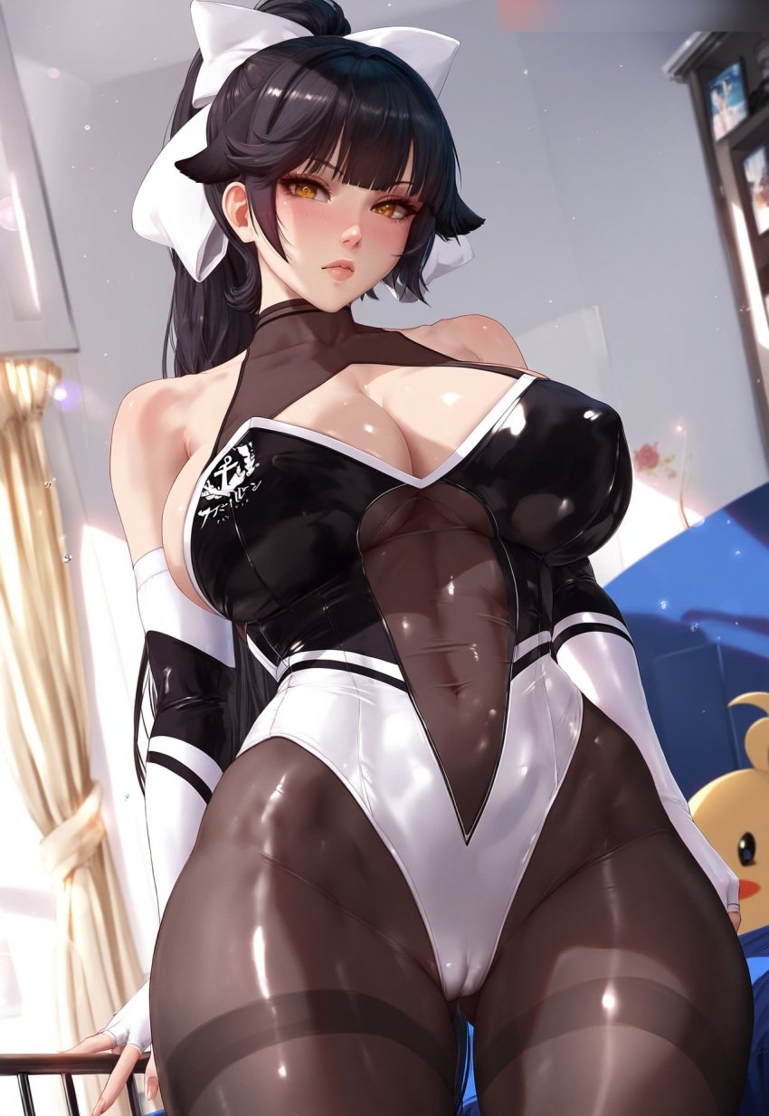 ai_generated azur_lane cameltoe cleavage cleavage_cutout covered_nipples huge_breasts klausherbert pantyhose standing takao_(azur_lane) takao_(full_throttle_charmer)_(azur_lane) thick_thighs wide_hips