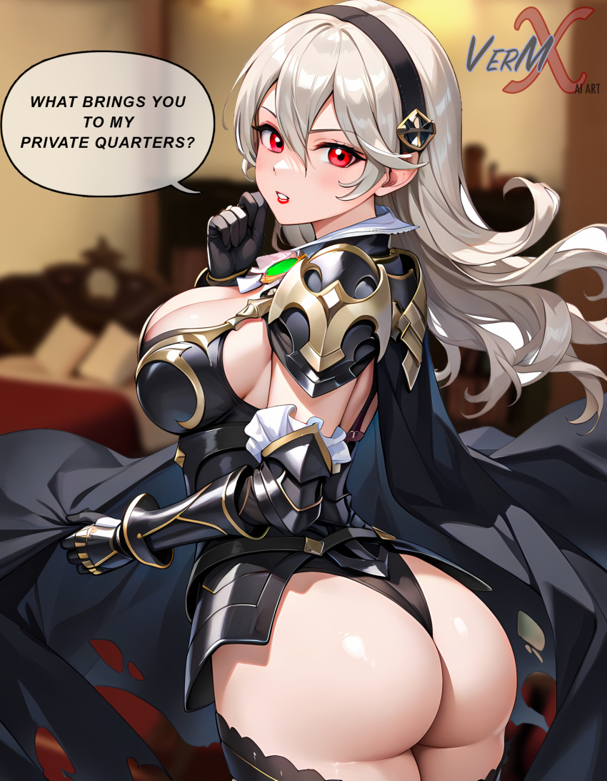 ai_generated armor armored_female big_ass big_breasts big_butt blurry_background cape cleavage corrin_(fire_emblem) corrin_(fire_emblem)_(female) female female_focus female_only fire_emblem fire_emblem_awakening fire_emblem_heroes hairband huge_ass huge_breasts huge_butt large_ass large_breasts large_butt long_hair looking_at_viewer looking_back nintendo presenting_hindquarters red_eyes text text_bubble thong vermadis2x voluptuous voluptuous_female white_hair