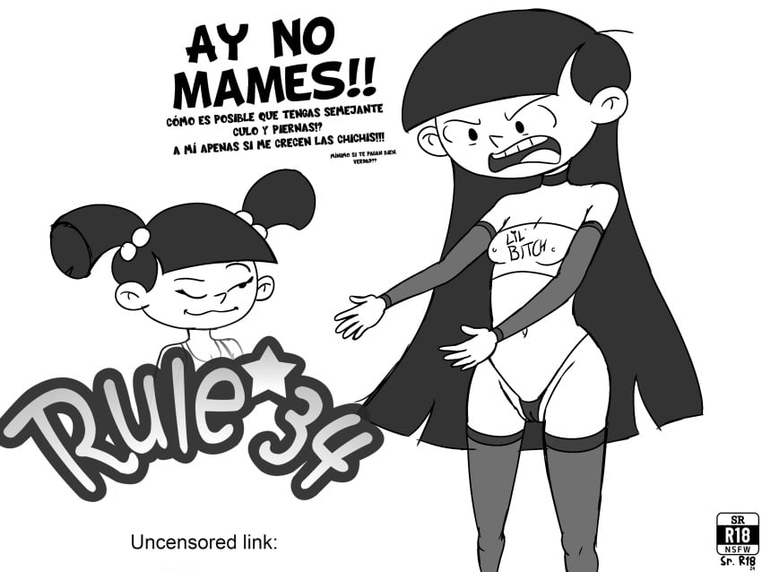 2girls age_difference angry angry_expression asian_female big_ass big_butt black_and_white cartoon_network censored codename:_kids_next_door dialogue eyebrow_raise head_tilt huge_ass huge_butt kuki_sanban large_ass large_butt lingerie long_gloves long_hair mushi_sanban numbuh_3 one_eye_closed one_eye_open pigtails raised_eyebrow simple_background small_boobs small_breasts small_tits smile smiling sr_r18nsfw stockings teen text thong thong_panties white_background wide_hips wide_thighs