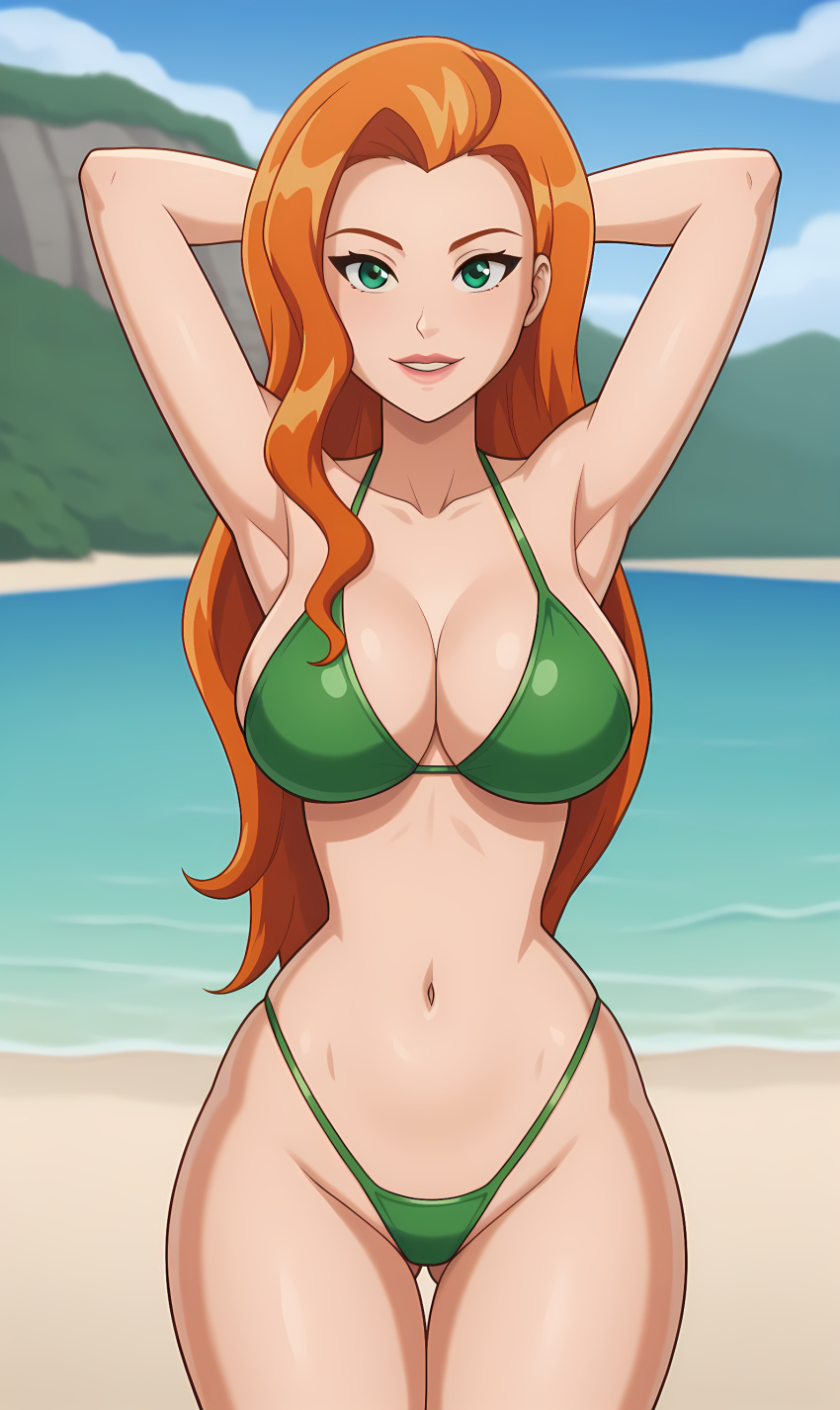 ai_generated breasts female female_only g-string g-string_bikini looking_at_viewer nai_diffusion sam_(totally_spies) solo stable_diffusion swimsuit totally_spies