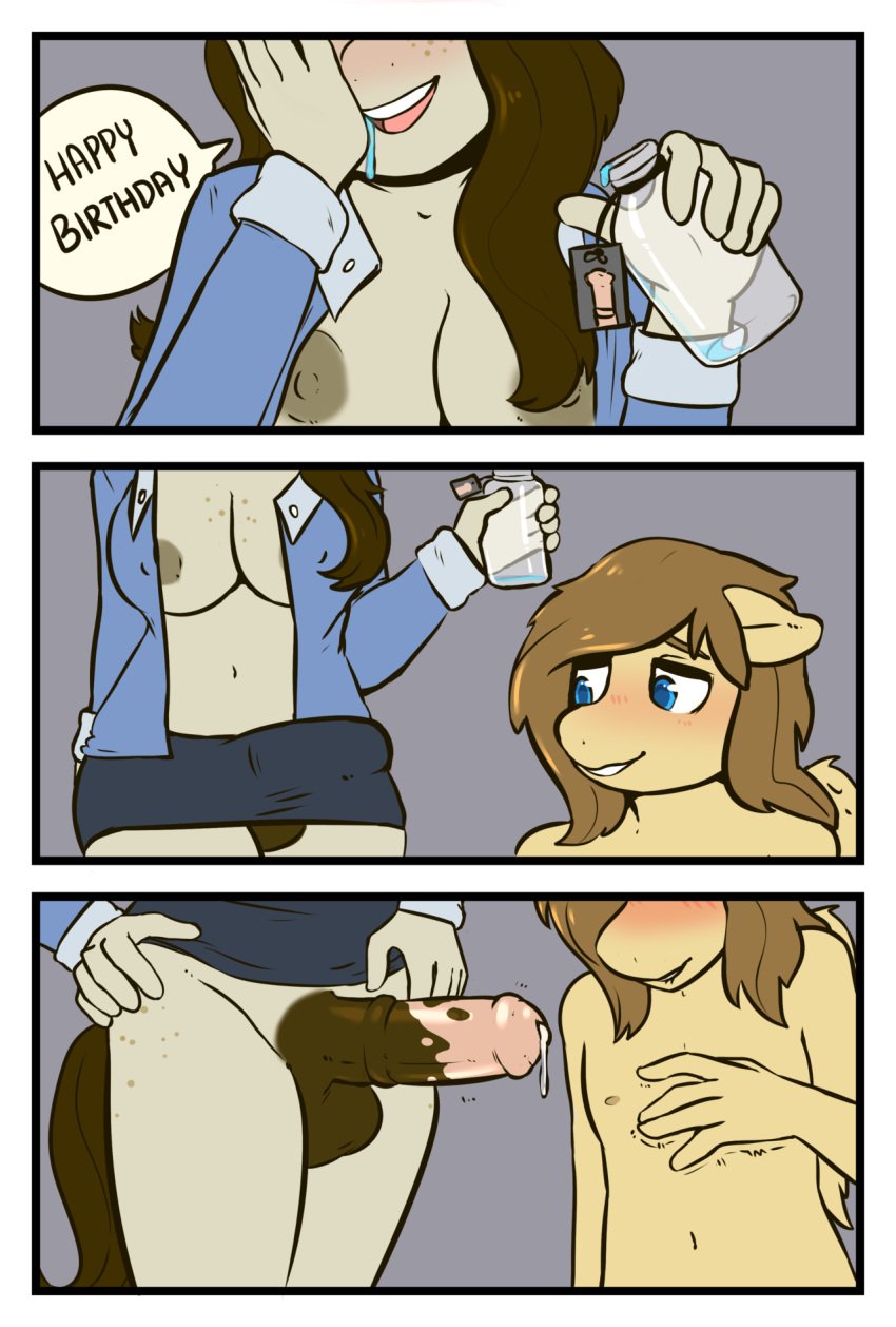 1boy 1futa 5_fingers animal_genitalia animal_penis anthro areolae balls biting_lip blue_eyes blush border bottle breasts brown_balls brown_hair clothed clothed/nude clothing comic cookie_dough_(mlp) curvy dialogue duo english_text equine equine_penis erect_nipples erection erection_under_clothes erection_under_skirt exposed_breasts fan_character fleet_wing_(fursona) fur furry futa_on_male futanari grey_background growth hair happy_birthday holding_object horse horsecock humanoid_hands intersex large_breasts large_penis male mammal medial_ring mottled_penis my_little_pony nipples no_bra no_panties no_underwear nude open_mouth open_shirt open_smile partially_clothed pegasus penis penis_growth penis_out penis_under_clothes penis_under_skirt pony potion precum precum_drip rainbowsprinklesart raised_skirt shaking simple_background skirt skirt_lift smile tan_fur text trembling white_border wings