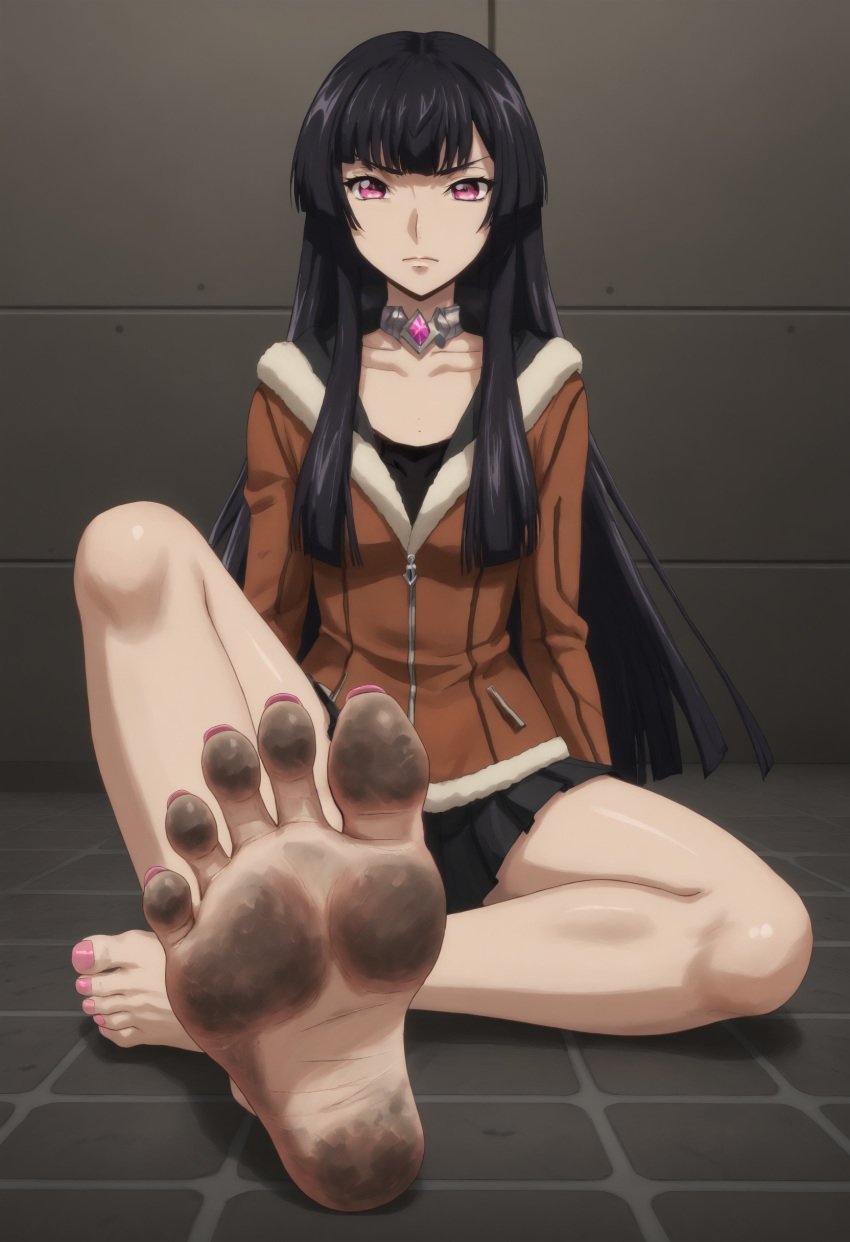 2d ai_generated bangs barefoot black_hair coat code_geass code_geass:_roze_of_the_recapture dirty dirty_feet feet long_hair purple_eyes shiroppo sumeragi_sakuya toes