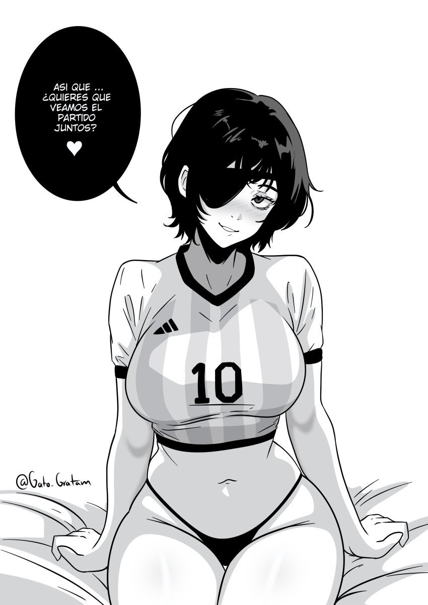 adidas_logo argentina bed big_breasts black_and_white black_panties black_thong blush breasts chainsaw_man clothed crop_top eyepatch female gato_gratam heart himeno_(chainsaw_man) inviting_to_bed looking_at_viewer monochrome navel panties seductive seductive_look shirt short_hair sitting sitting_on_bed skindentation smiling soccer soccer_uniform solo spanish_text speech_bubble spoken_heart striped_shirt stripes tagme thighs thong watermark