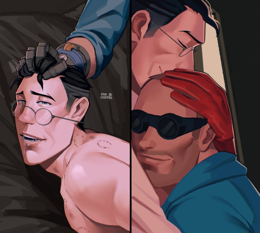 bite_mark bite_mark_on_shoulder bite_marks bruise doggy_style doggy_style_position dominant_male drooling engineer engineer_(team_fortress_2) gay hair hair_grab hickey implied_anal implied_penetration implied_sex jbthesinner male/male medic medic_(team_fortress_2) meme meme_reference prim_jb submissive_male team_fortress_2 yaoi