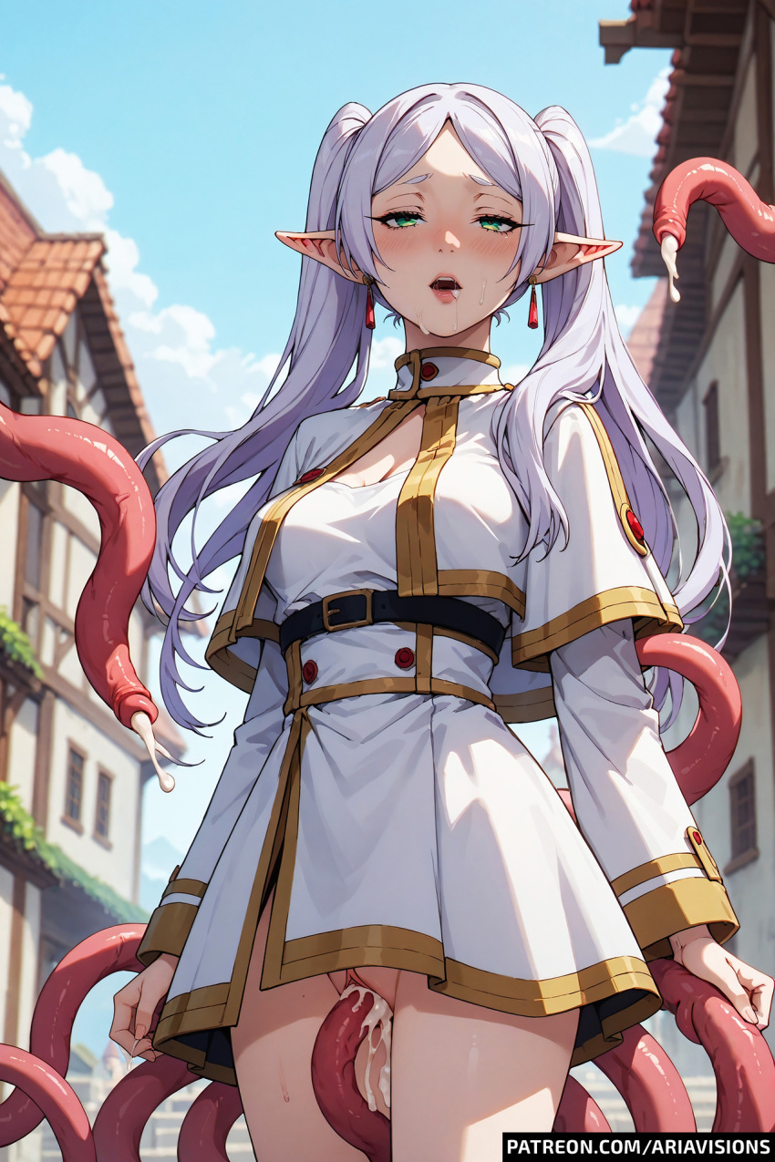 1girls ai_generated ariavisions blush cum_in_mouth cum_in_pussy elf elf_ears female frieren frieren_beyond_journey's_end green_eyes jewelry moaning sousou_no_frieren tentacle tentacle_sex tentacles twintails white_hair