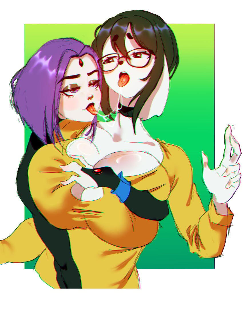 2girls anthro artist_request big_breasts black_hair dc_comics eyewear female female_only grabbing_from_behind human_on_anthro implied_fingering jxzuke looking_at_partner mochi_(jxzuke) multiple_girls pale-skinned_female purple_hair raven_(dc) saliva_trail white_fur yuri