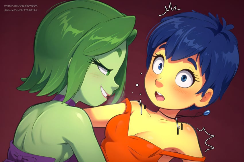 2024 2girls alternate_version_available biting_lip blue_eyes blue_hair blush blushing_at_partner disgust_(inside_out) disney doubledmddx dress duo duo_female duo_focus flirting green_body green_hair green_skin inside_out inside_out_2 joy_(inside_out) necklace no_dialogue no_text_version pixar short_hair short_hair_female tagme yellow_body yellow_skin yuri