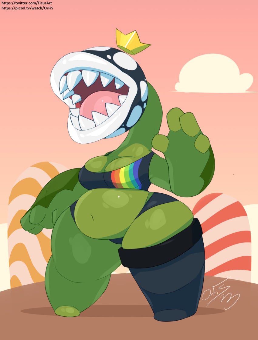 1girls ass belly big_lips big_lips_no_eyes breasts chubby chubby_female cleavage crown fat female female_focus female_only ficusart green_body green_skin hips large_ass large_breasts mario_(series) nintendo piranha_plant rainbow sharp_teeth solo solo_female sports_bra stomach super_mario_bros. thick_thighs thighs tongue wide_hips