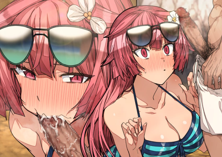 1boy :o breasts censored cleavage collarbone constricted_pupils cum cum_in_mouth erection erere eyewear_on_head fellatio female flower from_above girls'_frontline glasses_on_head gun hair_flower hair_ornament long_hair looking_up mosaic_censoring ntw-20 ntw-20_(girls_frontline) oral overflow penis penis_awe pink_eyes pink_hair shorts sunglasses sunglasses_on_head weapon