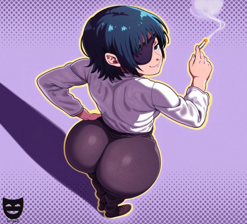 2024 2d 2d_(artwork) ai_generated artist_logo big_ass bubble_butt chainsaw_man d-art_style dumptruck_ass himeno_(chainsaw_man) huge_ass looking_up thick_thighs wide_hips z-art