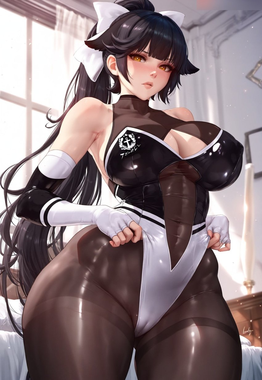 ai_generated azur_lane cameltoe cleavage cleavage_cutout covered_nipples huge_breasts klausherbert pantyhose standing takao_(azur_lane) takao_(full_throttle_charmer)_(azur_lane) thick_thighs wide_hips