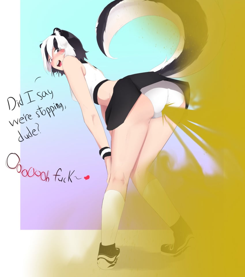 1girls ass breppy_(artist) fart fart_fetish farting farting_at_viewer panties skirt skunk_girl skunk_tail thighs upskirt