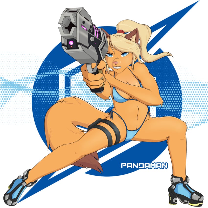 1:1 2024 action_pose alternate_species anthro anthrofied bikini bikini_bottom bikini_top blonde_hair blue_eyes breasts camel_toe cleavage clenched_teeth clothed clothing colored_edge_bikini digital_media_(artwork) domestic_cat felid feline felis female fingers gun hair high_heels mammal metroid metroid_prime nintendo pandaman90 pose ranged_weapon samus_aran side-tie_bikini side-tie_clothing side-tie_swimwear simple_background solo spread_legs spreading string_bikini swimwear teeth triangle_bikini two-piece_swimsuit weapon