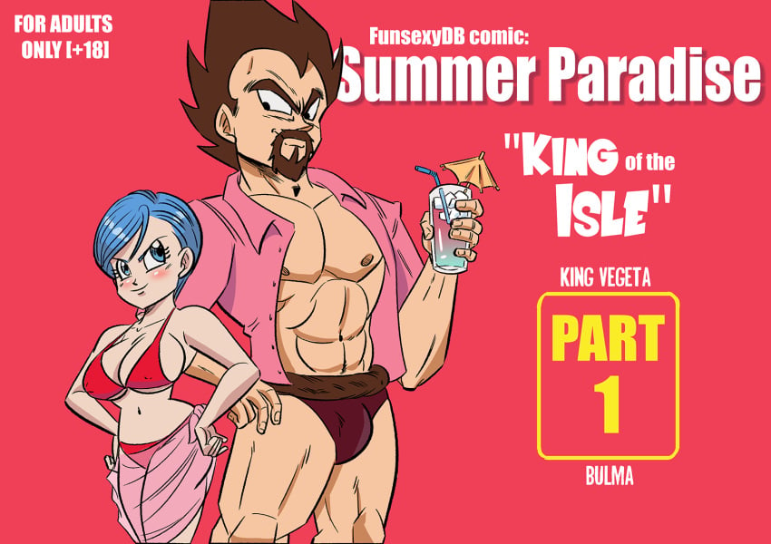 1boy 1girls big_breasts bikini blue_eyes blue_hair breasts bulge bulma_briefs cock_bulge dilf dragon_ball dragon_ball_super dragon_ball_z drink_in_hand funsexydragonball goatee hourglass_figure king_vegeta milf nipple_bulge page_1 part_1 tail